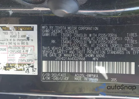 2004 Toyota Highlander z USA, uszkodzony, nr VIN JTEHD21A640029868